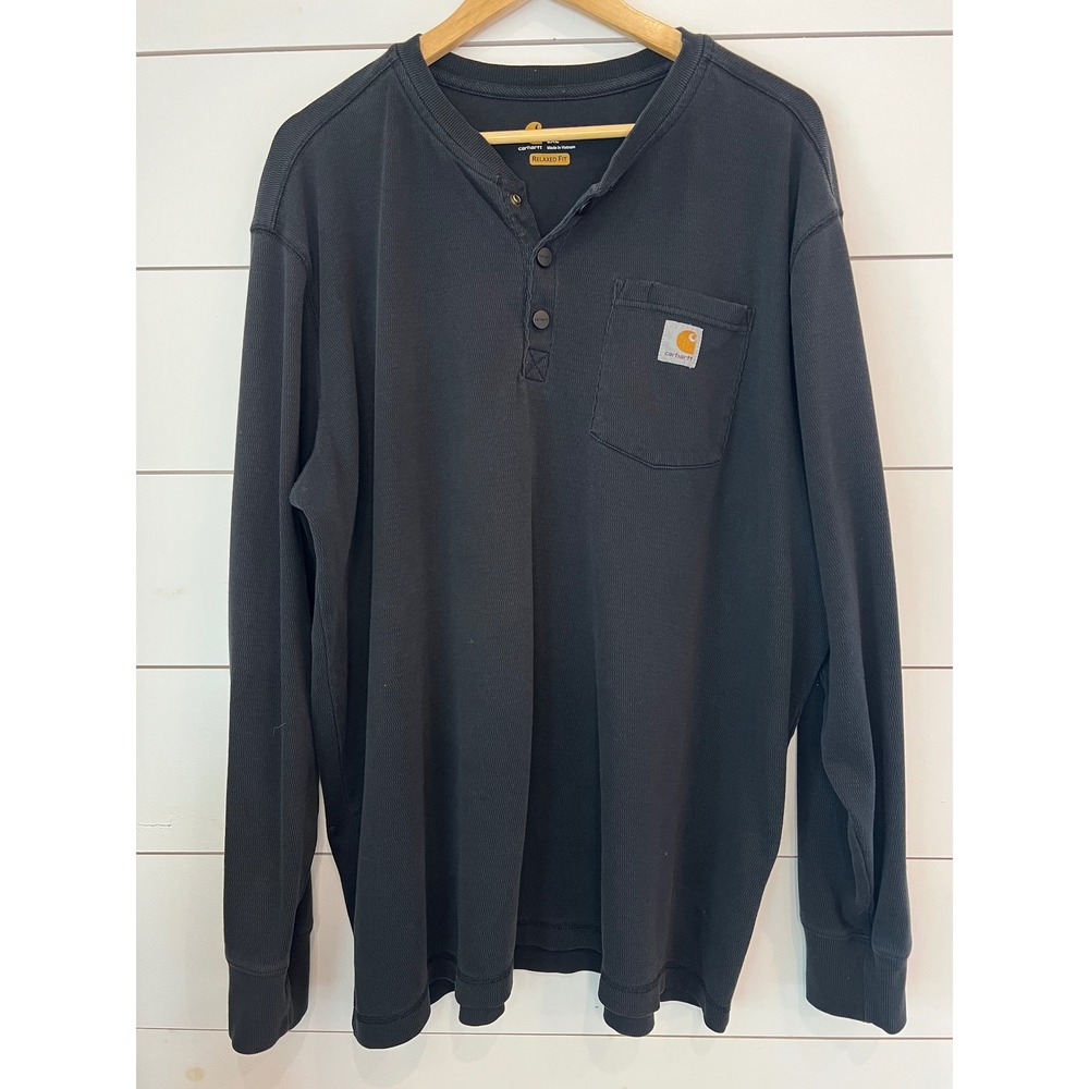 Carhartt Men 2XL Relaxed Fit Long Sleeve Henley Shirt Black Waffle Knit workwear